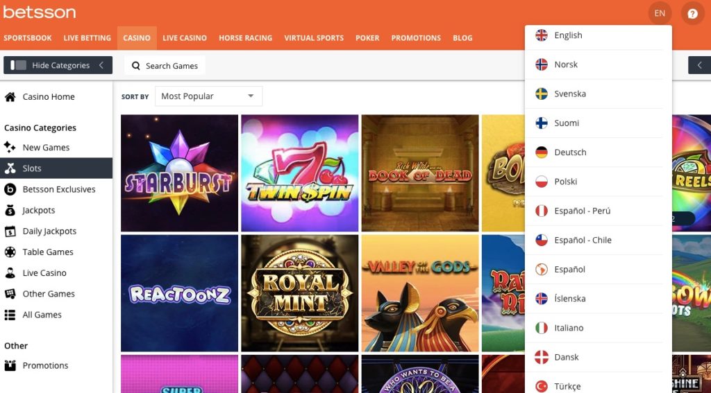 available language versions at betsson casino