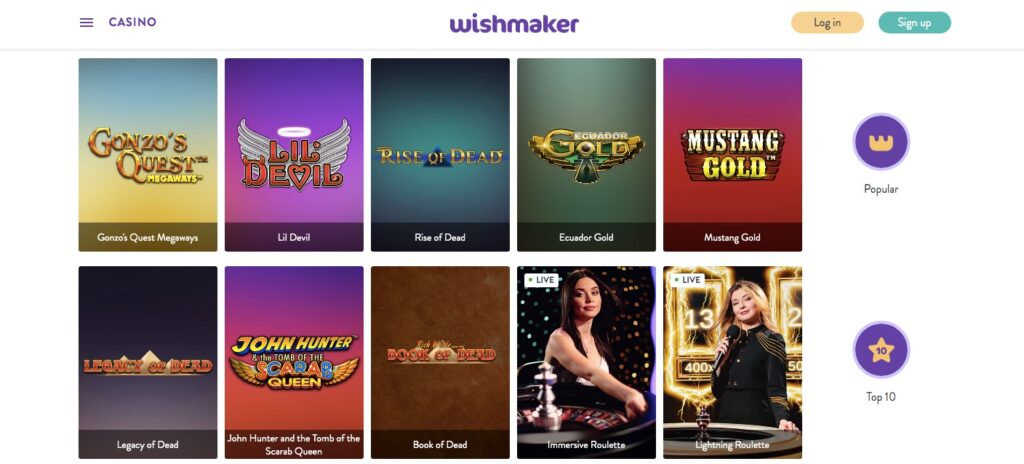 game selection at wishmaker casino