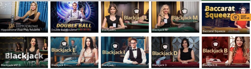 screenshot from casinoluck live casino lobby showing different popular games