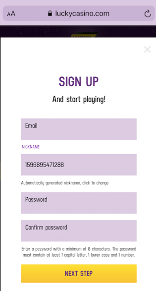 lucky casino sign up form