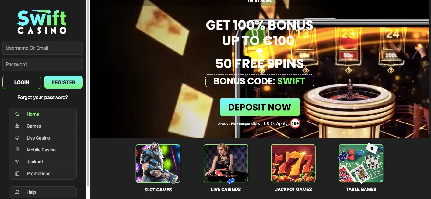 affidabile Swift Casino giri bonus banner promozionale
