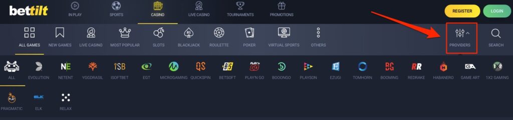 screenshot from bettilt casino showing the game provider feature