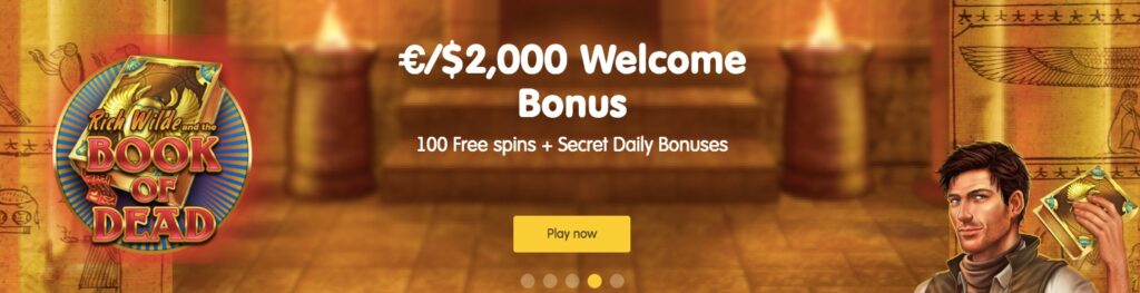 24k casino welcome banner showing the full bonus package amount and the slot book of dead