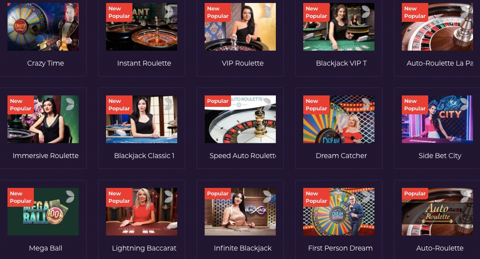 fifteen popular live casino games including crazy time blackjack and roulette