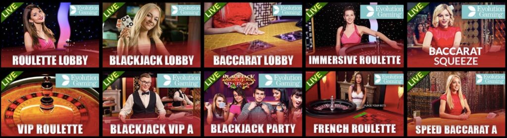 ten popular live casino games including roulette backjack and baccarat