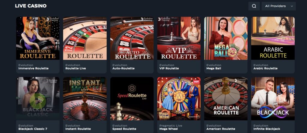 twelve live casino game thumbnails including immersive roulette and mega wheel