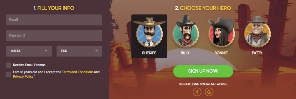 gunsbet registration form where you choose your avatar