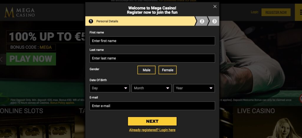 mega casino registration form