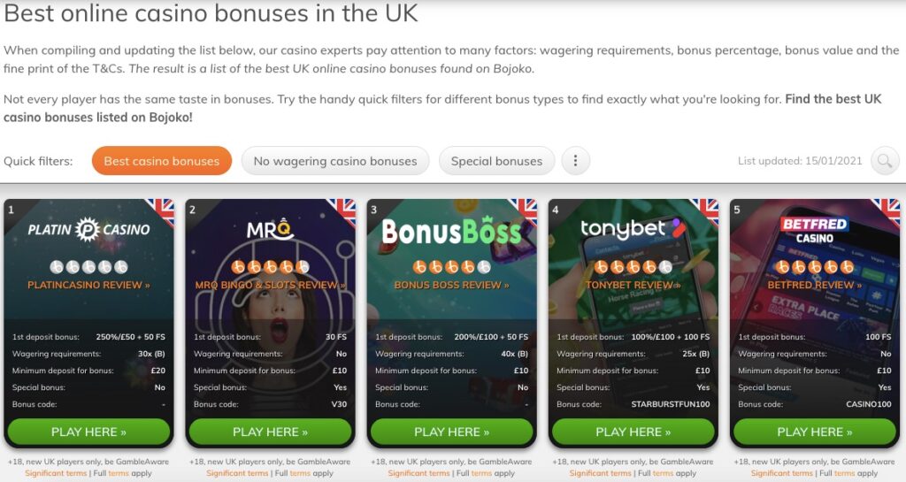 bonus area showing 5 popular casino bonuses in the uk