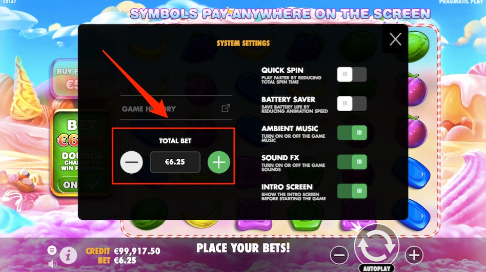 example of where to choose the bet size per spin